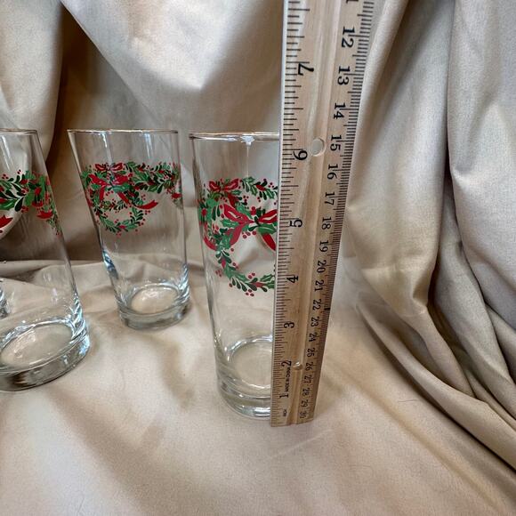 Vintage Libbey Irish Christmas Holly Wreath Ribbon Highball Glasses Set 5 - Picture 3 of 5